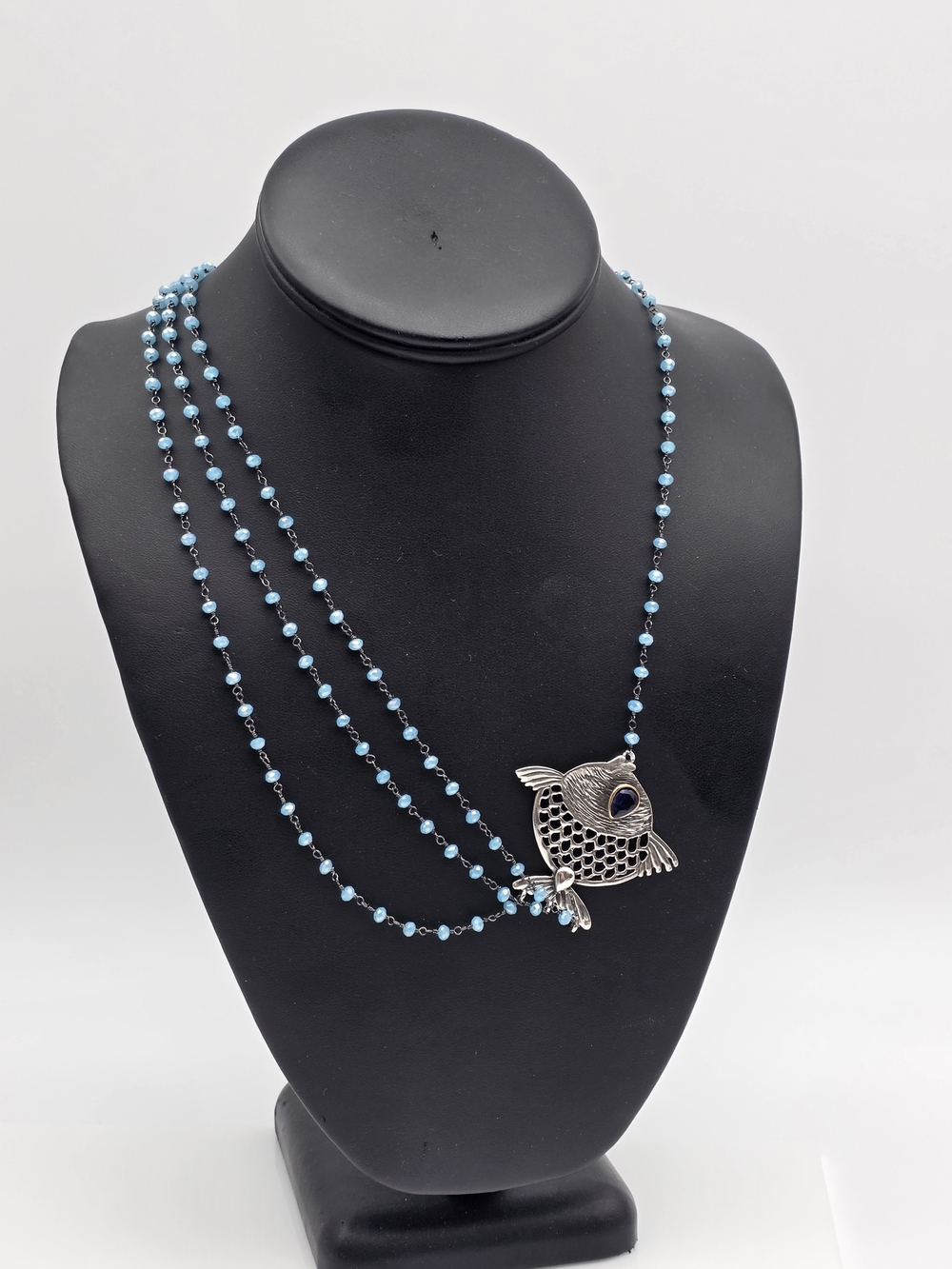 925 Sterling Silver Fish Pendant Triple-Strand Necklace with  Blue Beads